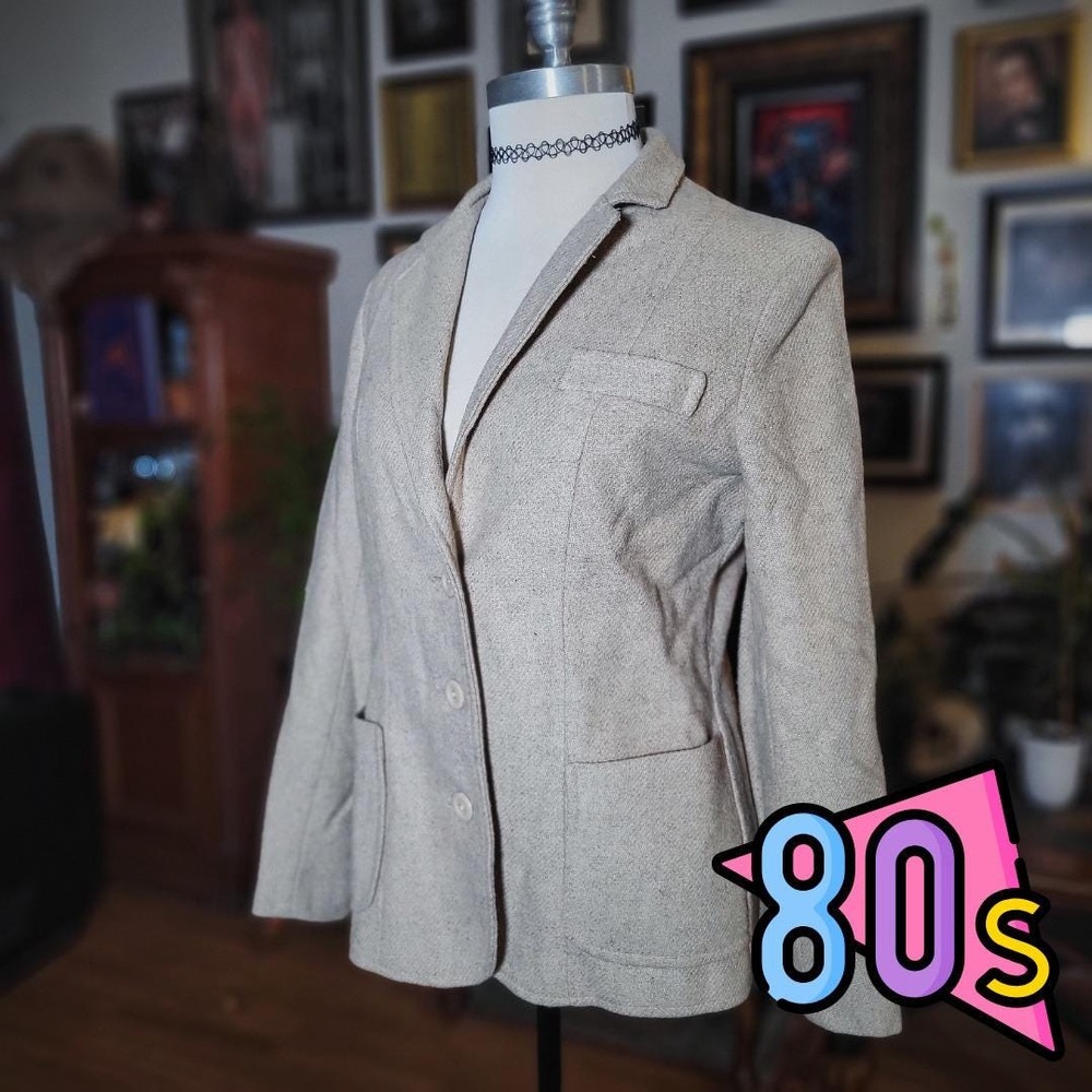 Beige Wool Tailored Blazer Vintage 80s Made in England Jacket Minimalist Classic